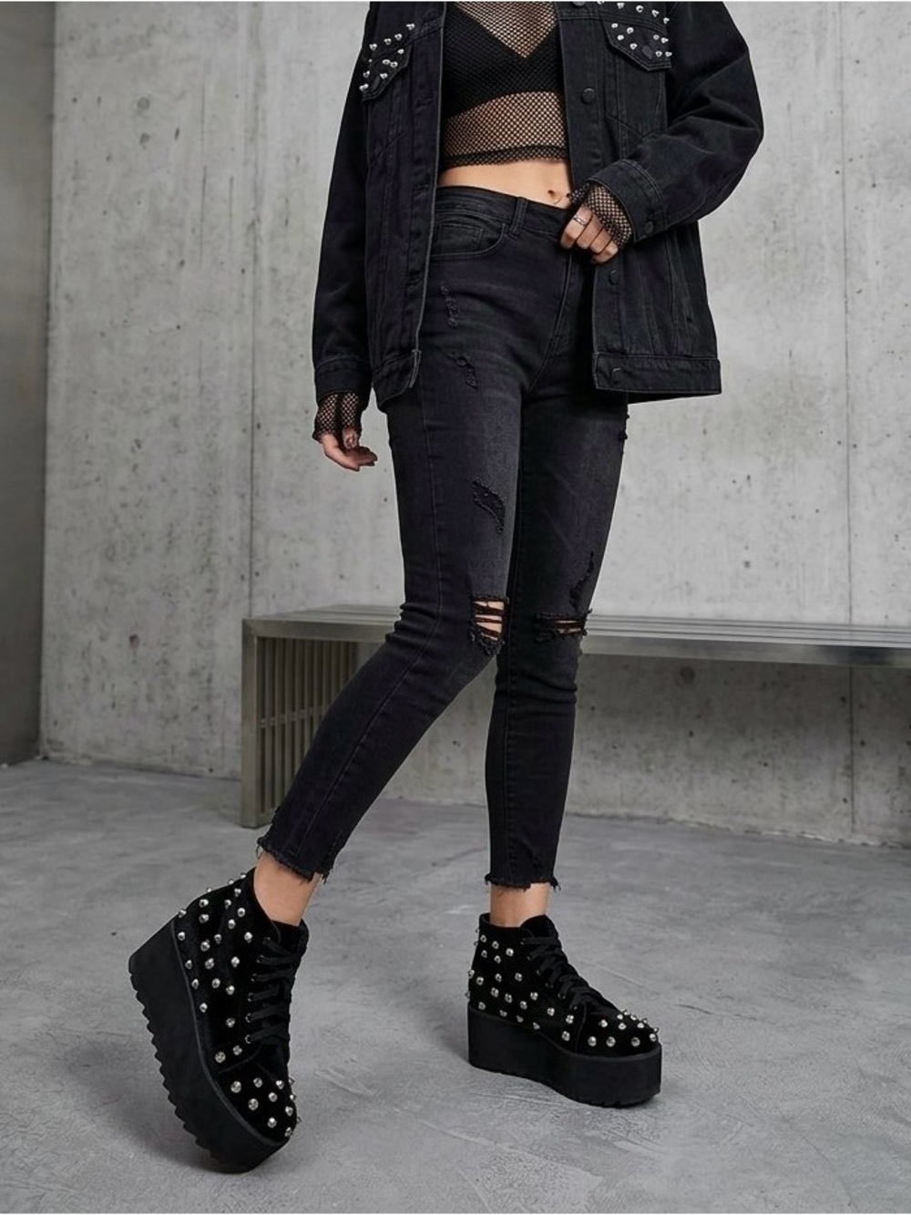 Lemon Drop by Dolls Kill Studded Black Platform Sneakers Size 6.5